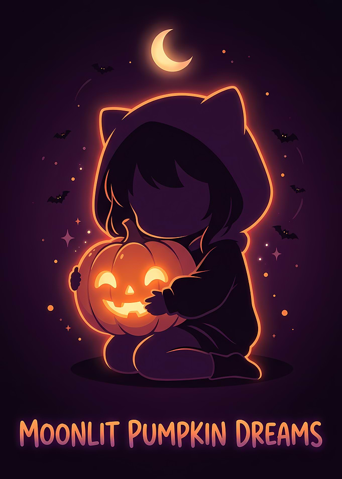 A dark chibi anime girl in a hood with cat ears holding glowing jack-o'-lantern!