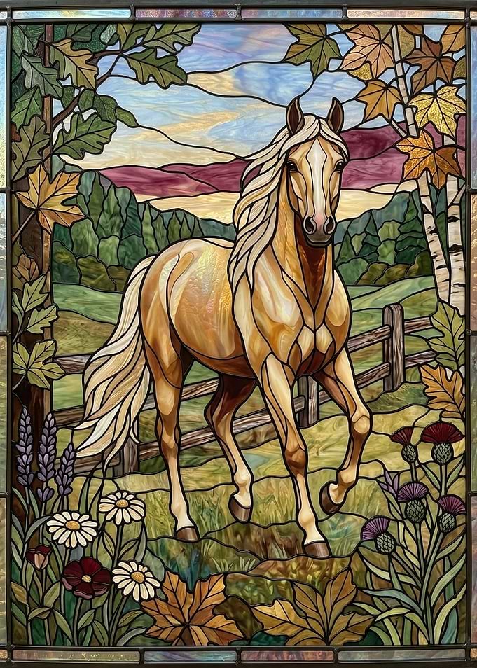 Stained Glass Horse in Autumn Landscape
