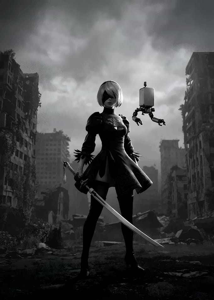 NieR Automata 2B Ruined City Monochrome Art