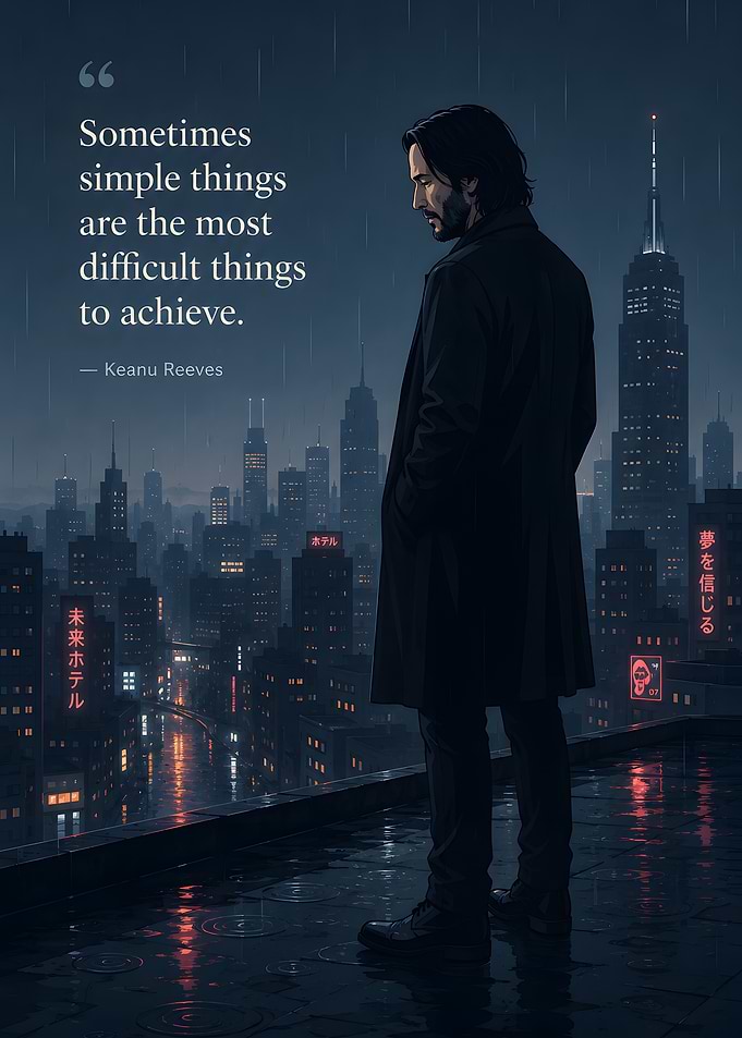 Keanu Reeves quote on a rainy cityscape