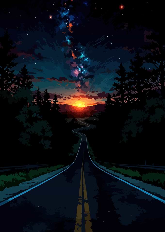 Winding Road Under a Starry Sunset Sky