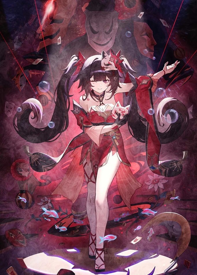 Red Kimono with Masks