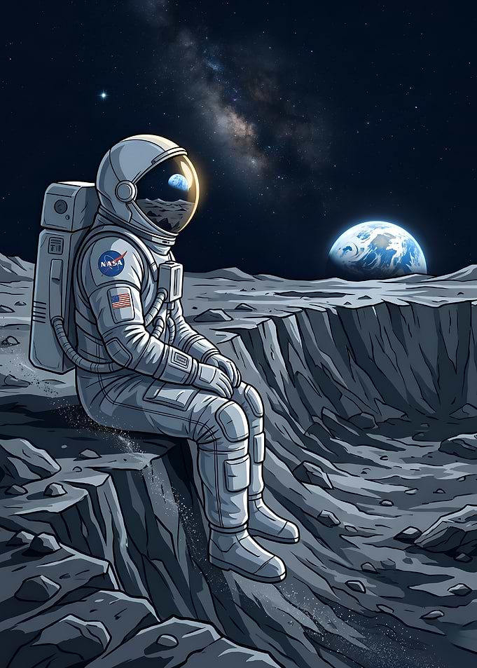 Lonely Astronaut Sitting on Moon Vector