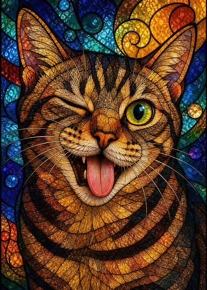 Stained Glass Cat Winking and Sticking Tongue Out