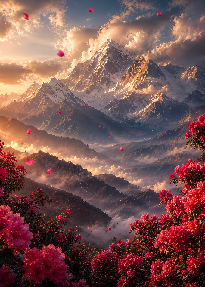 Misty Mountain Landscape with Pink Flowers