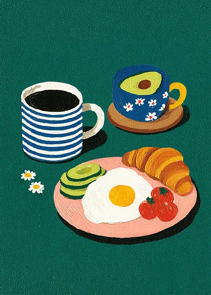 Artistic Breakfast Scene with Coffee and Croissant