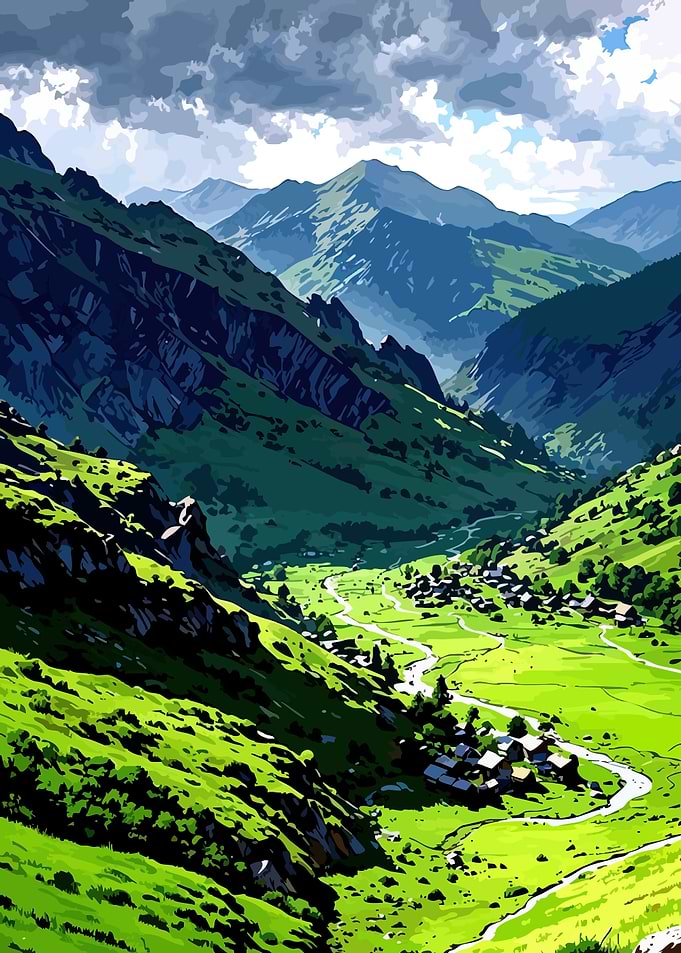 Alpine Village in a Lush Valley