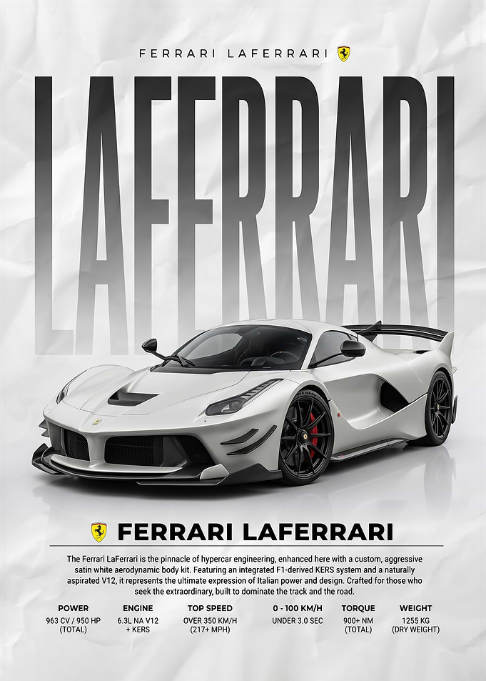 A sleek Ferrari La white Ferrari car poster