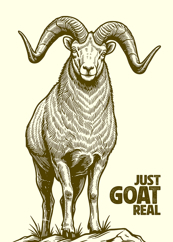 Goat with Large Horns and Text