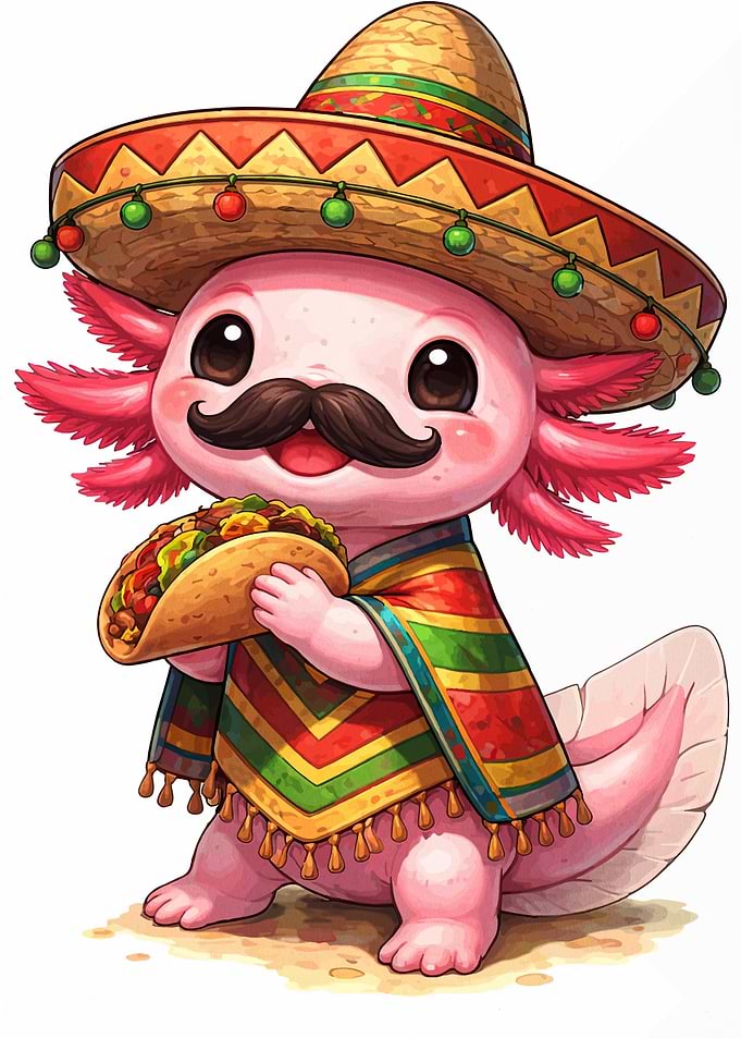 Cute Axolotl with Taco and Sombrero