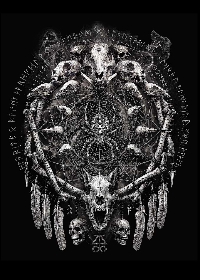 Dark Occult Dreamcatcher with Skulls and Spider