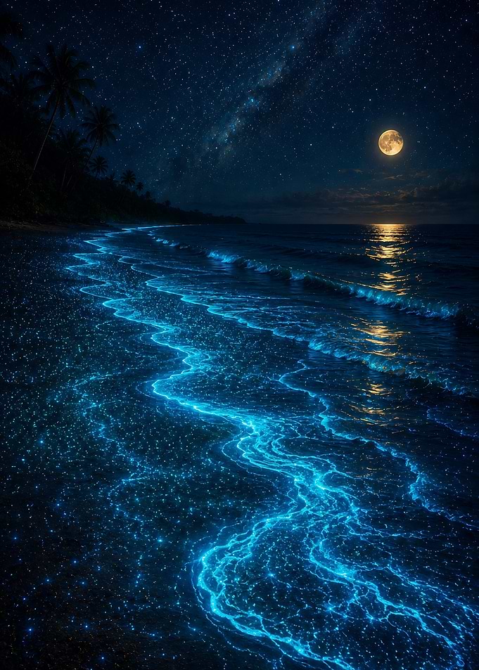 Bioluminescent Beach Under the Stars