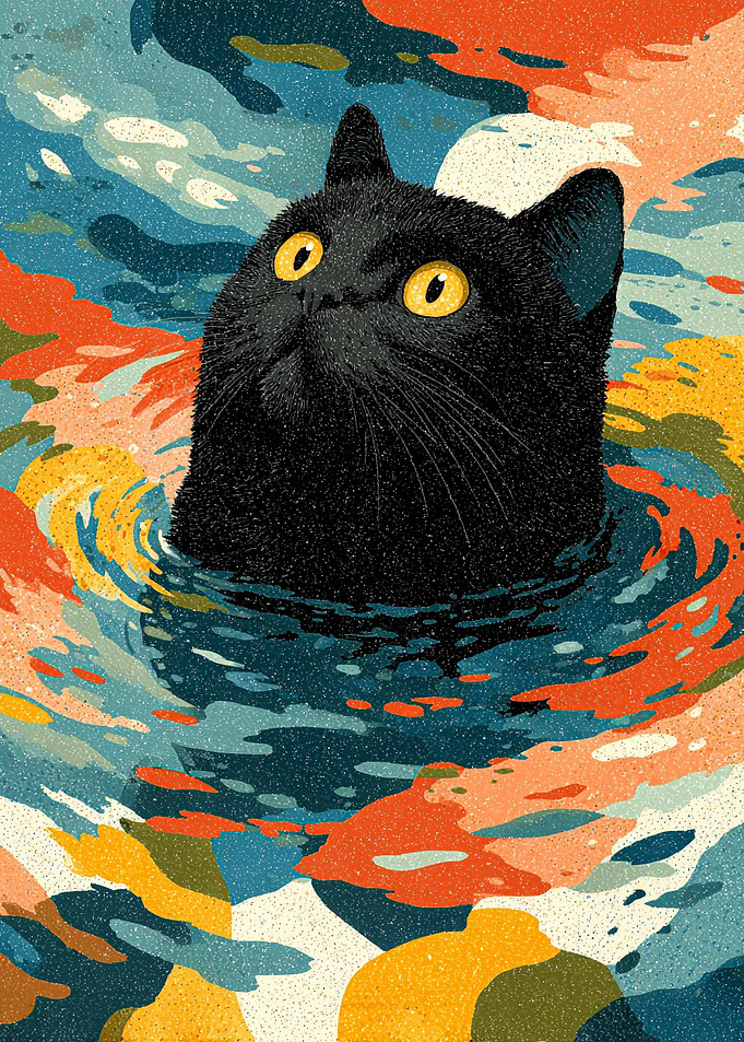 Black Cat in Colorful Water