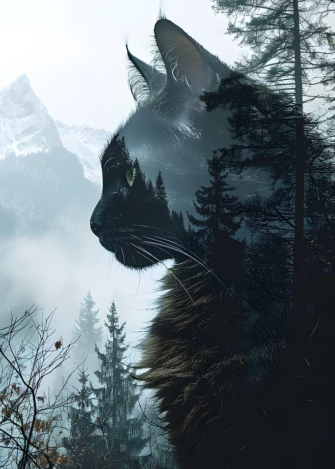 Double Exposure Cat in Forest Landscape