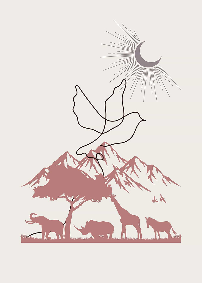 African Safari Scene with Bird and Moon