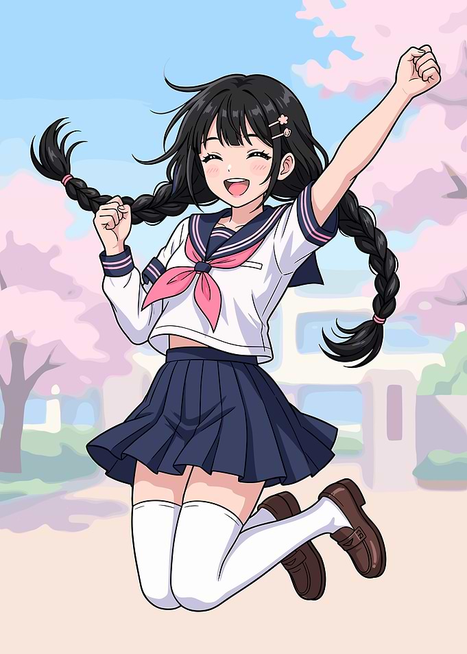 Joyful Anime Schoolgirl Jumping