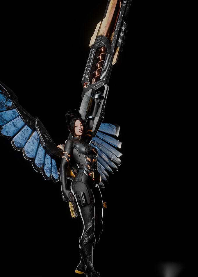 Futuristic warrior with wings and weapon