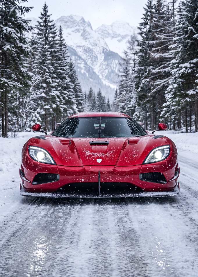 Red Koenigsegg Agera Rs in Snowy Forest