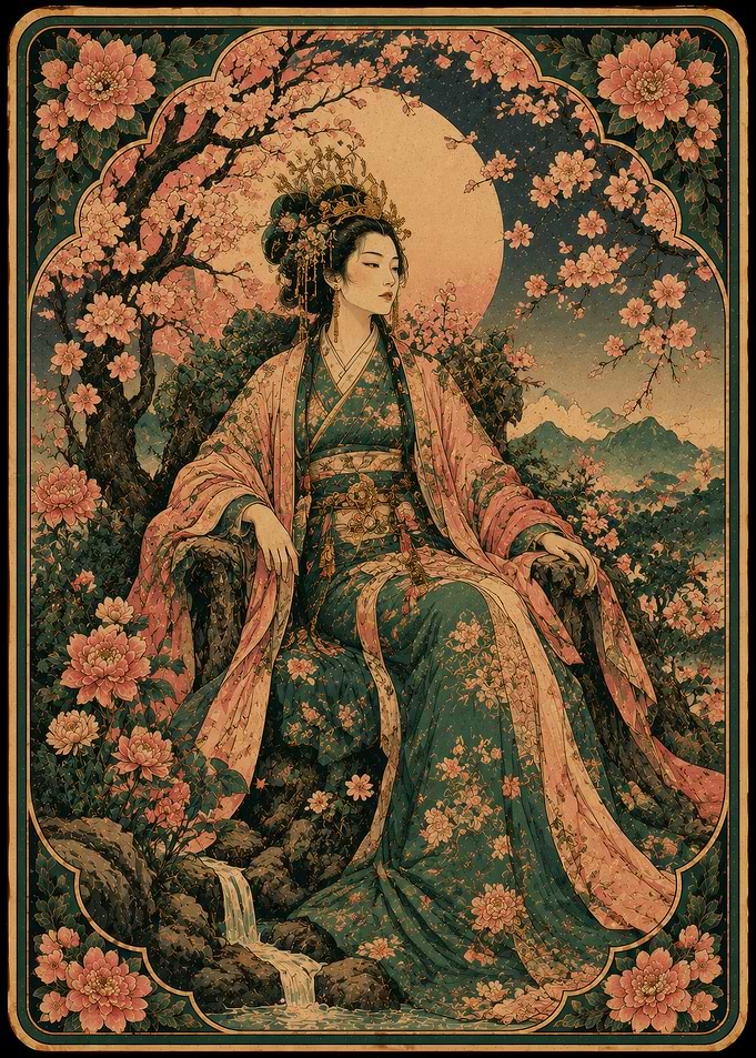 Elegant Asian Woman in Floral Kimono Tarot Card