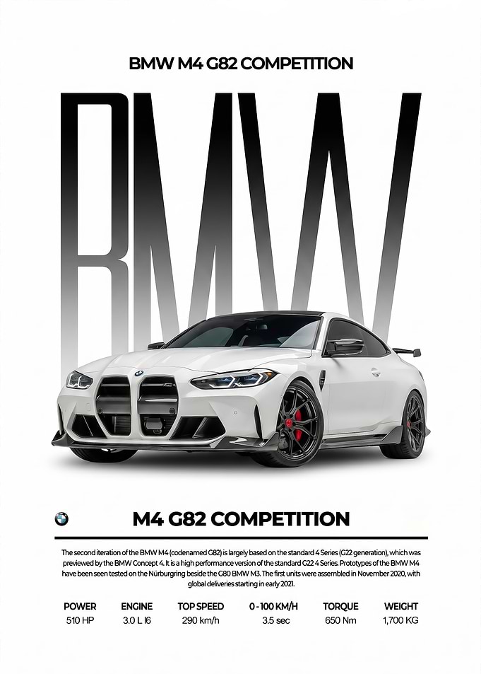 sleek white bmw m4 g82 Competition Poster