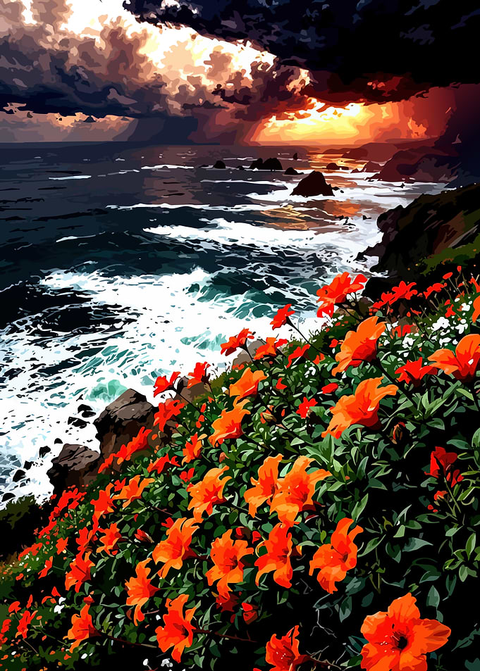 Dramatic Sunset Over Ocean with Flowers