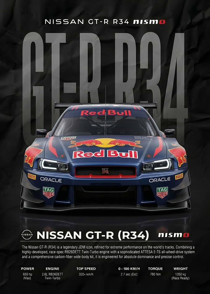 sleek nissan r34 nismo race rar poster