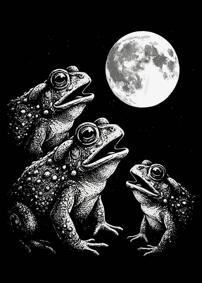 Mystic Toad Trio Moonlit Gothic Wall Art Print | Black and White Fantasy Poster