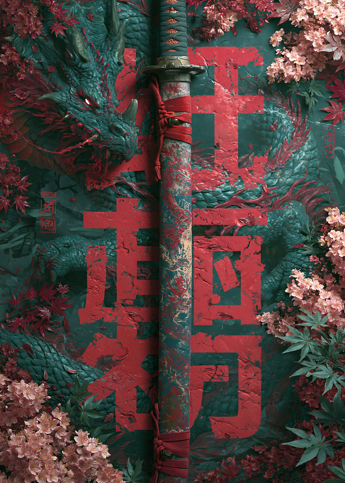 Dragon and Katana with Japanese Text
