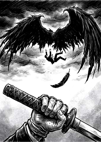 Dark Fantasy Scene with Falling Man and Raven