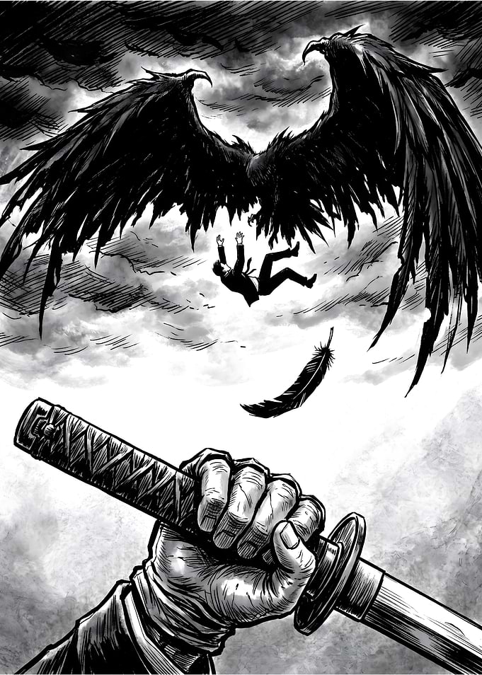 Dark Fantasy Scene with Falling Man and Raven
