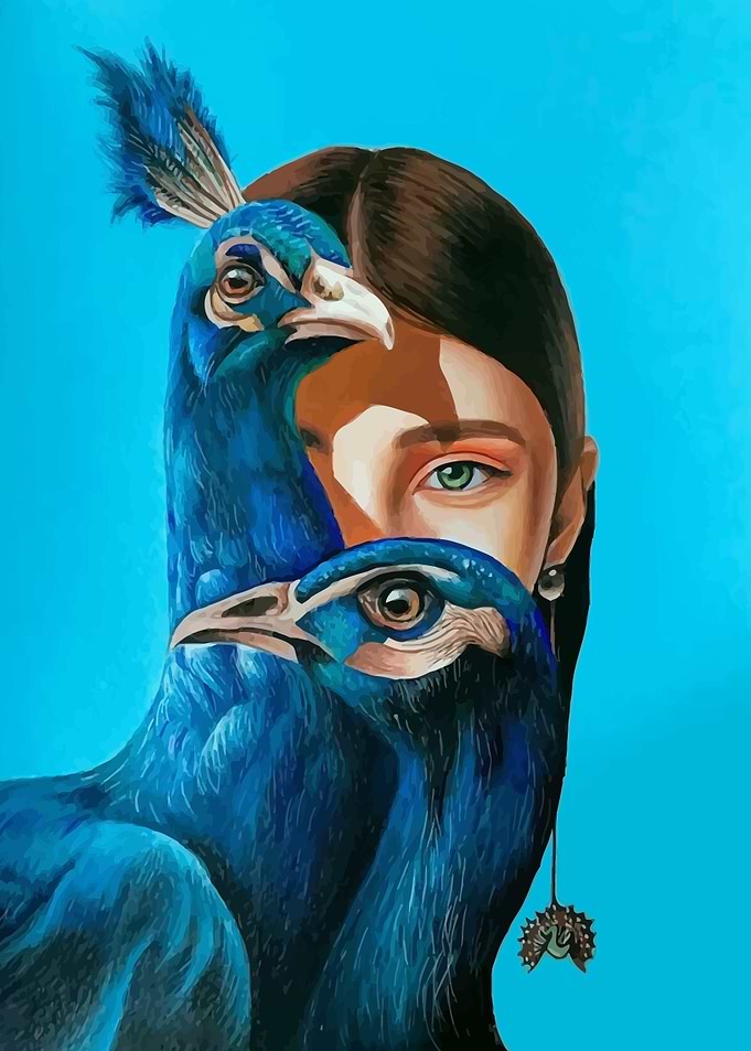 Woman's Face with Peacocks