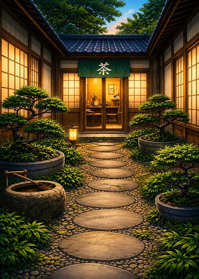 Tranquil Japanese Courtyard with Bonsai Trees