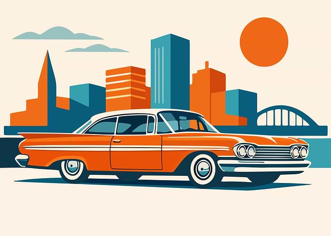 Retro Orange Car in Cityscape