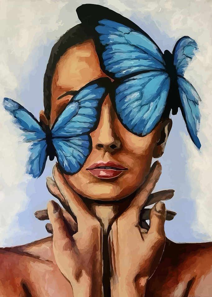 Woman with Blue Butterflies on Face