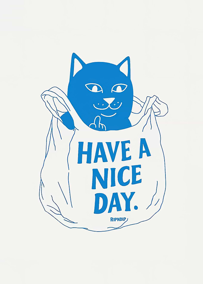 Blue Cat in Bag with Text