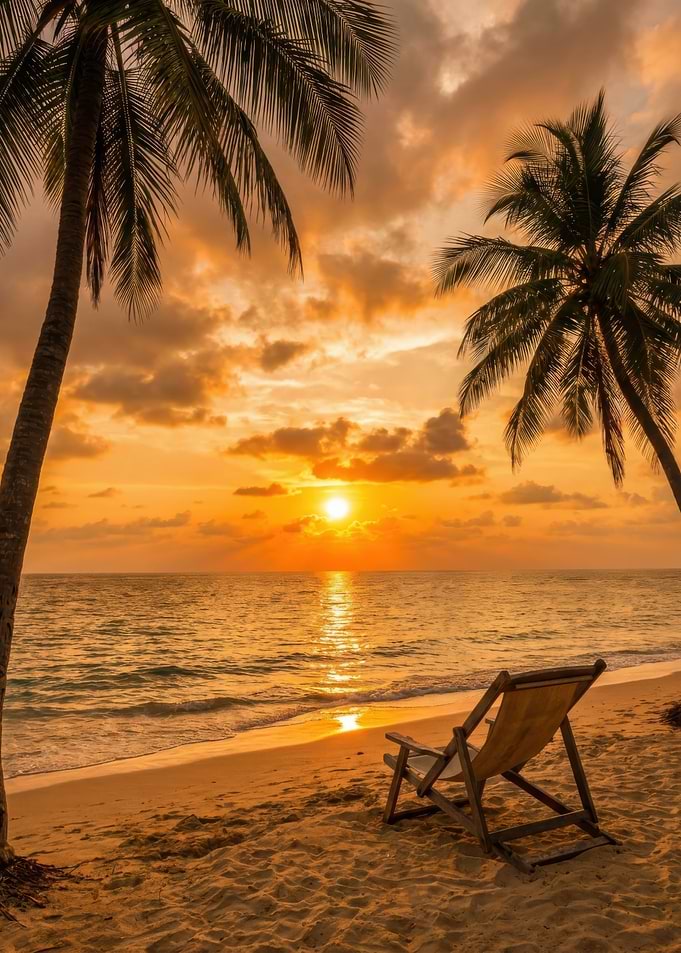 Tropical Beach Sunset with Lounge Chair