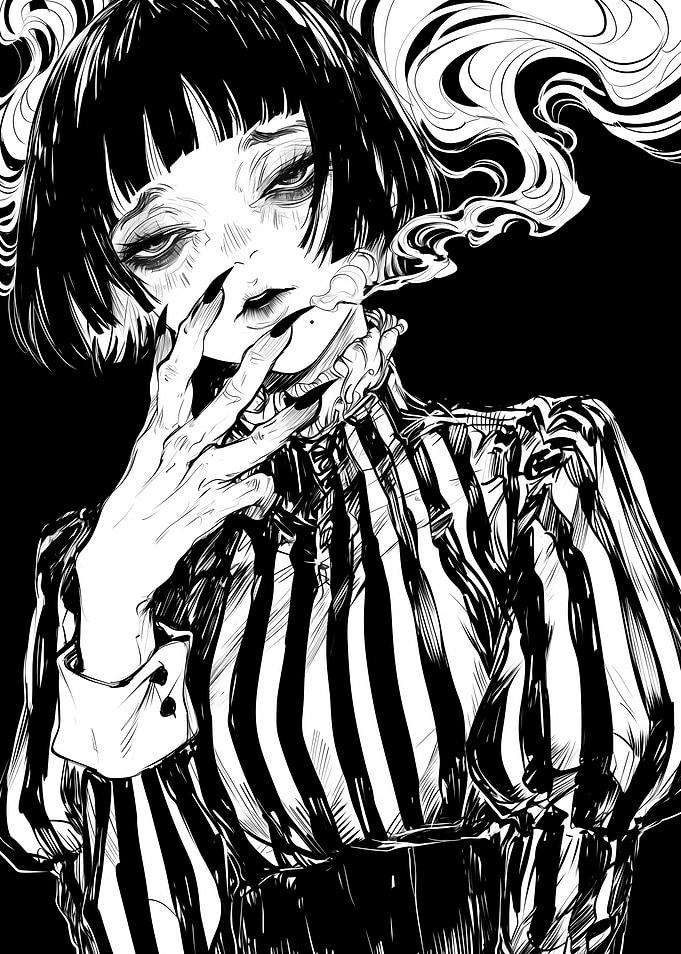 Gothic Girl Smoking with Striped Outfit