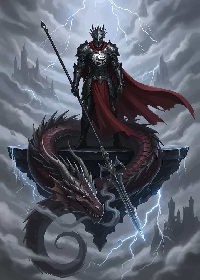 Knight and Dragon in Stormy Skies