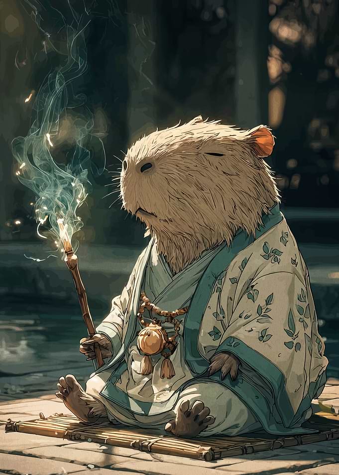 Capybara Monk Meditating with Incense