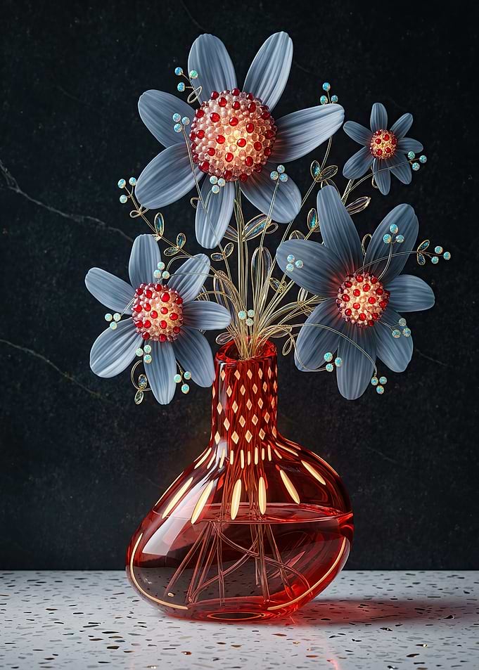Decorative Floral Arrangement in Red Vase