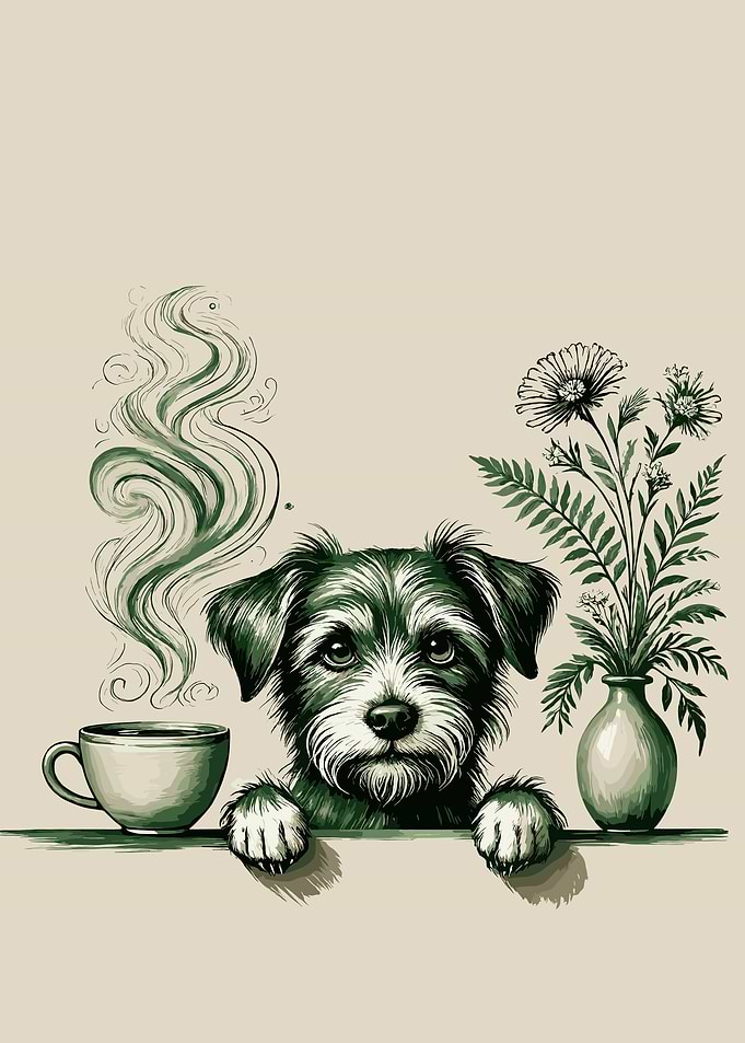 Whimsical Dog Coffee Wall Art Print Cute Cottagecore Animal Poster