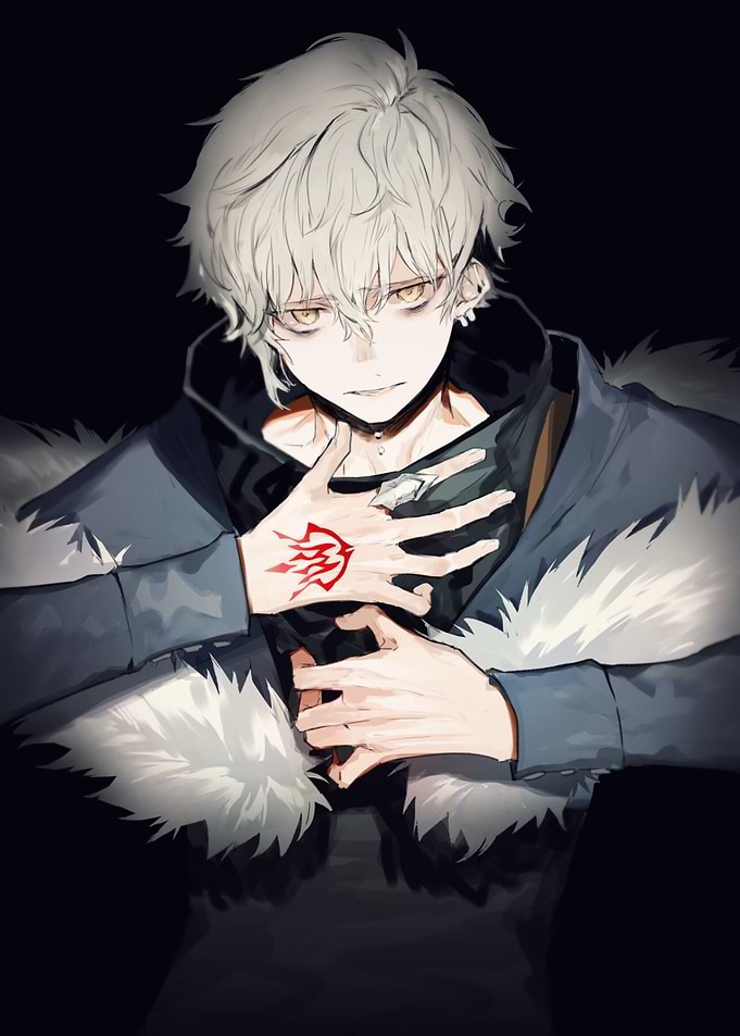 character with white hair and red tattoo