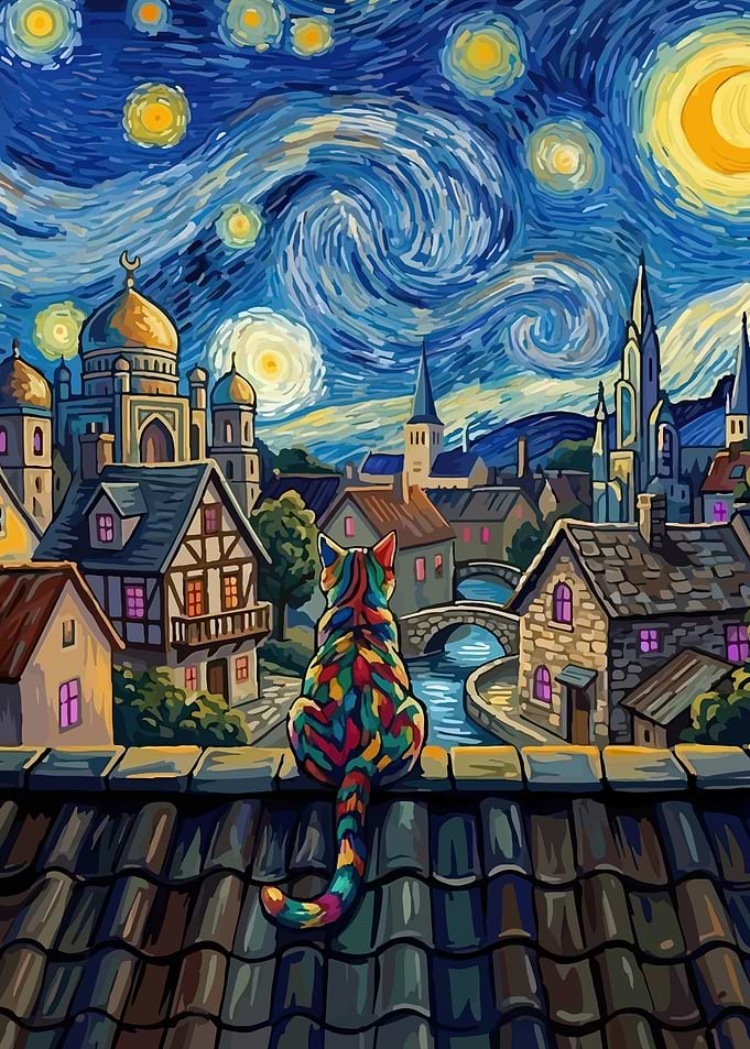 Cat Overlooking Starry Cityscape