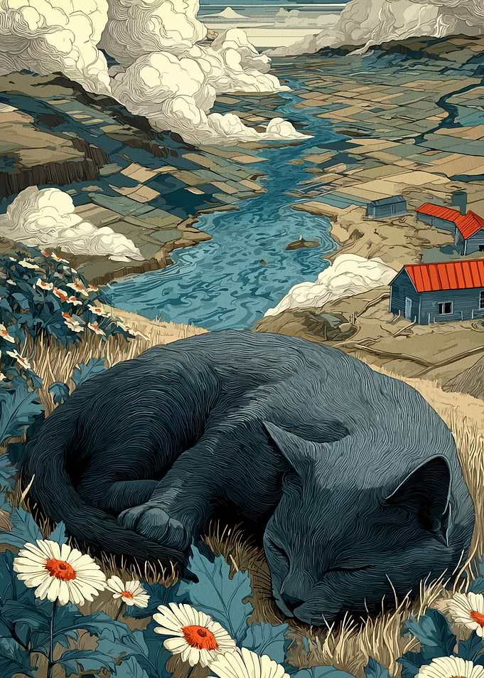 Cat sleeping in a field with a landscape background