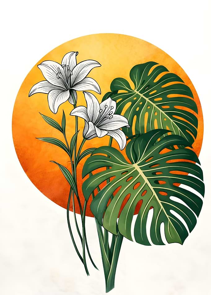 Tropical Flowers and Monstera Leaves