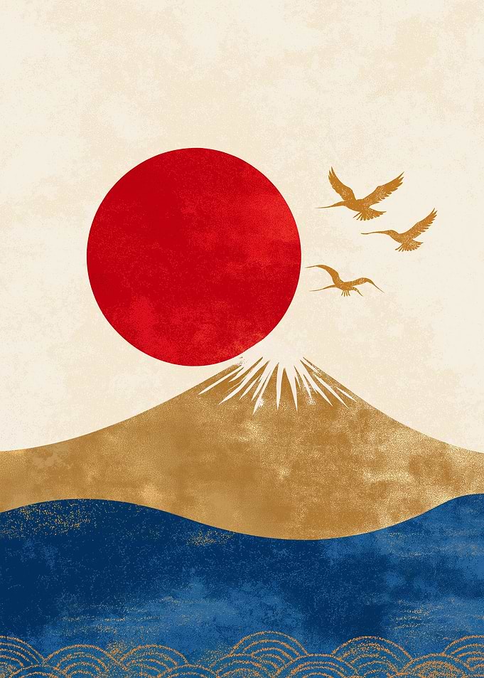 Mount Fuji Sunrise with Cranes