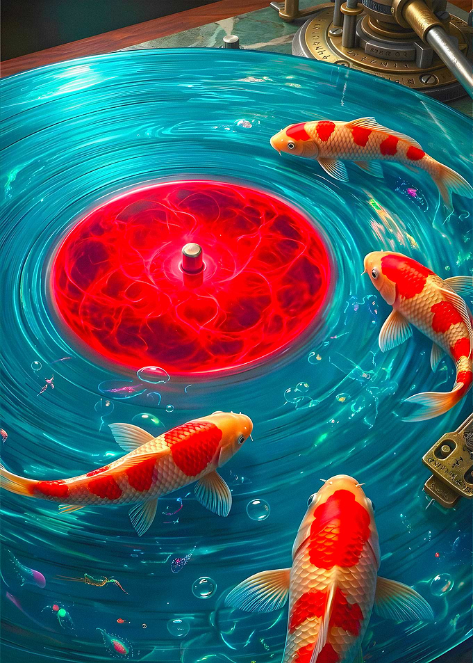 Koi Fish Swimming in a Vinyl Record