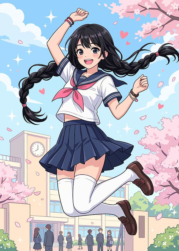 Anime Schoolgirl Jumping in Cherry Blossoms