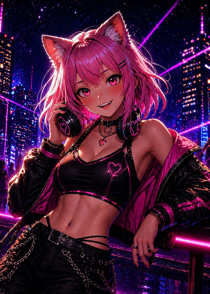 Anime Cat Girl DJ in Neon City