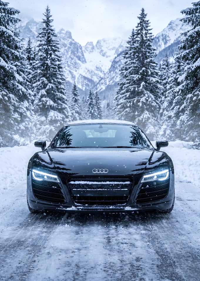Black Audi R8 in Snowy Mountains